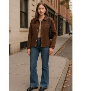 Vintage Decorated Originals Faux Suede Jacket Sz L  Hip-Length Brown Snap Button